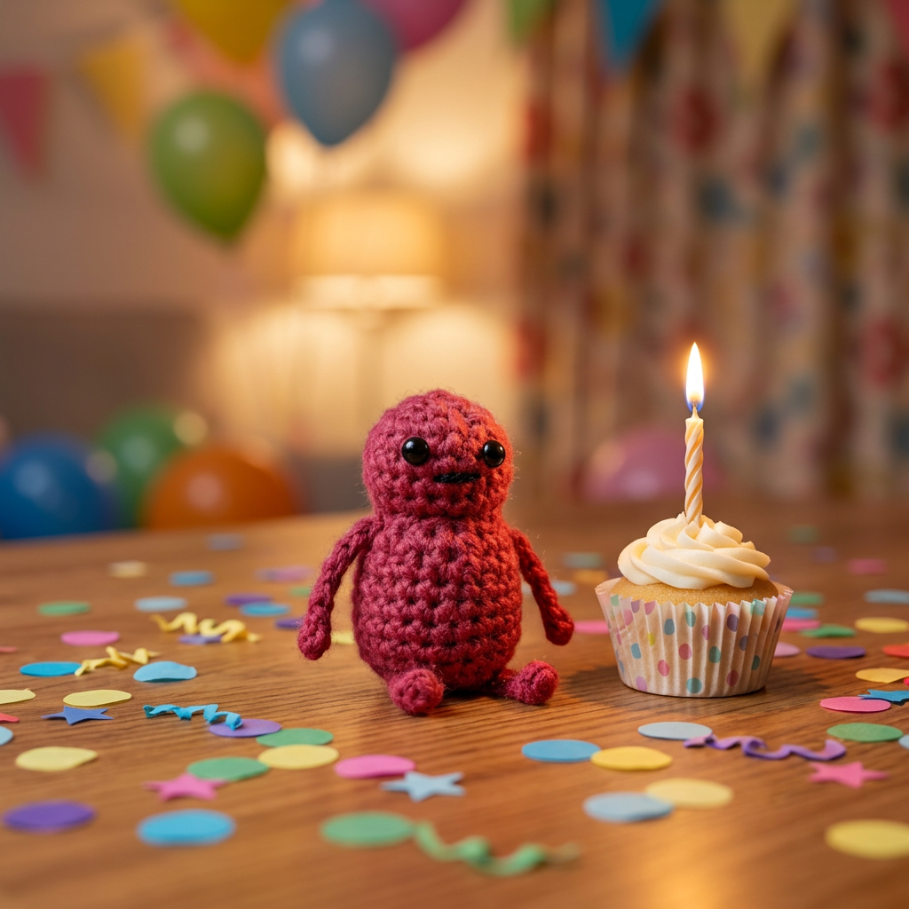 Handmade crochet Birthday Jilly — A cheerful little companion for someone's special day.