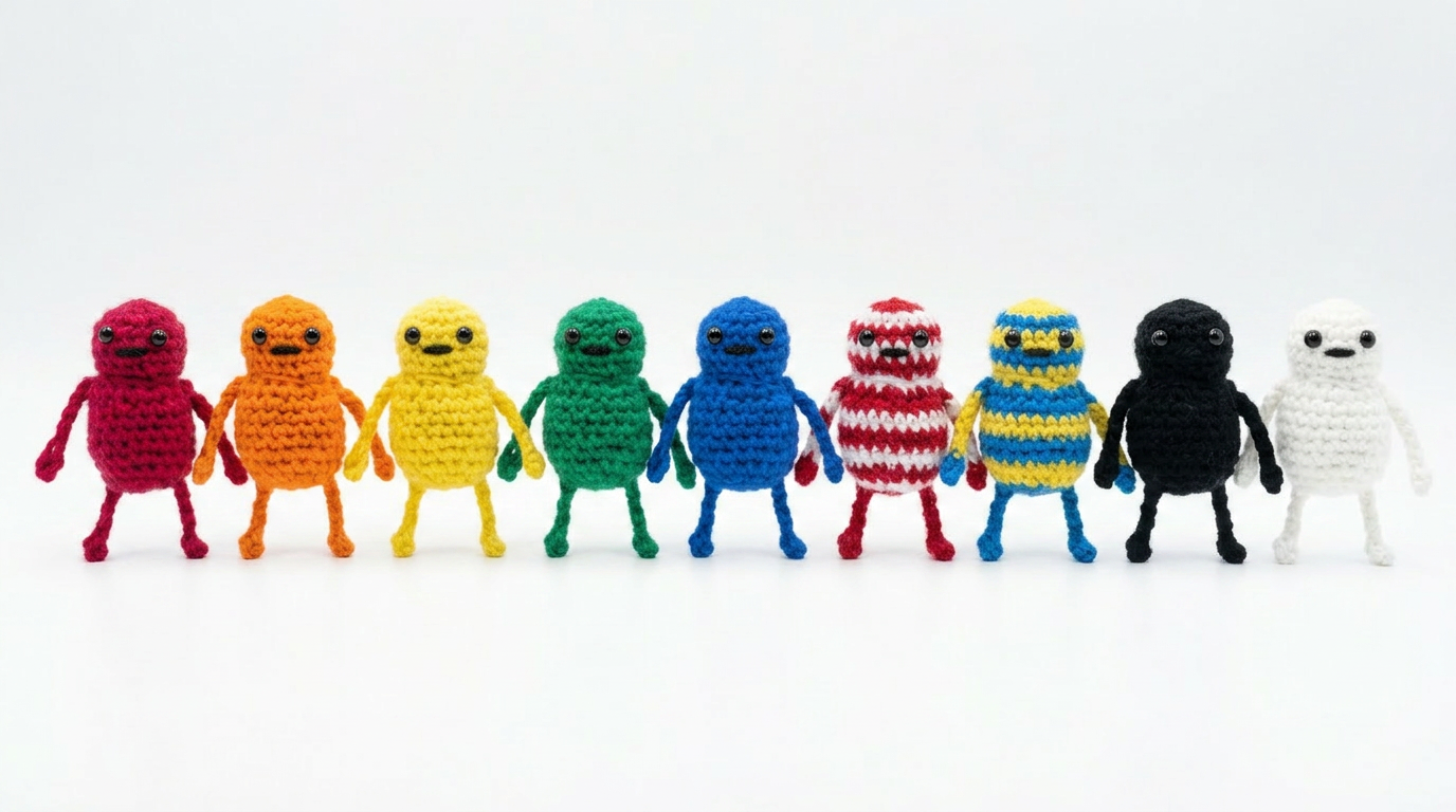 A row of multi-coloured handmade crochet Jilly Tykes characters